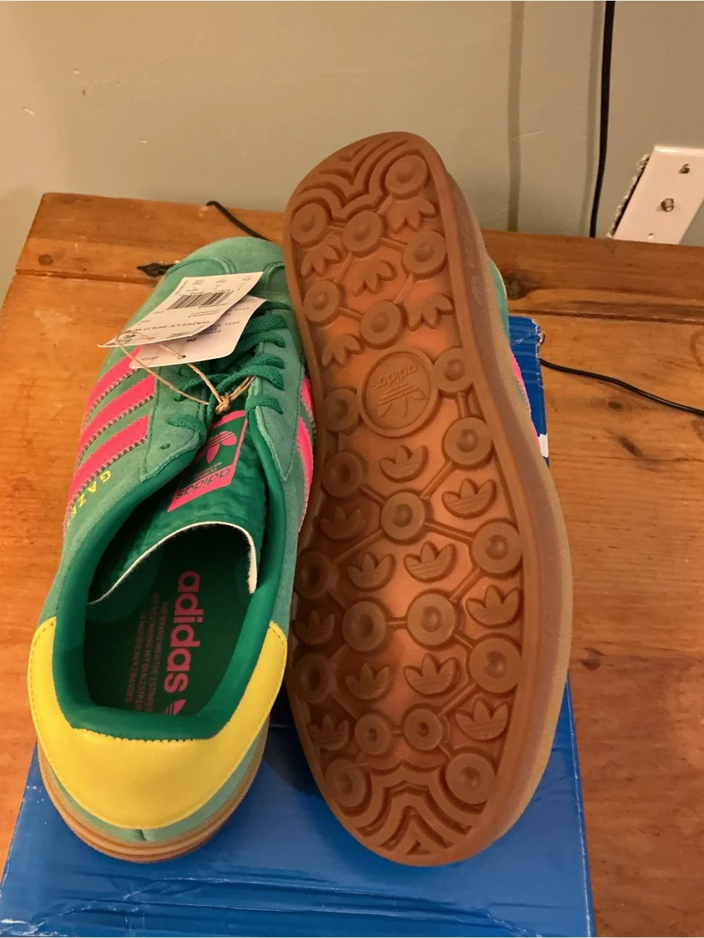 adidas Gazelle Bold Womens Green with Pink Stripes Sneakers JH9668 Style.